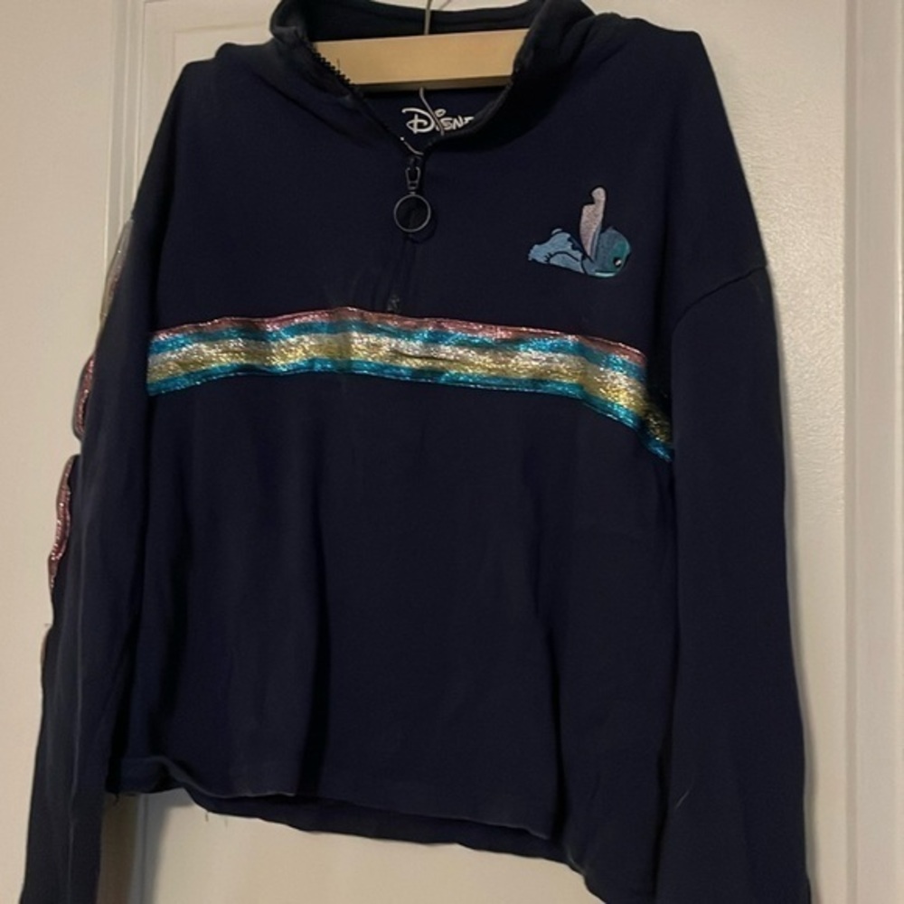 Disney Stitch Blue Rainbow Sparkle Quarter Zip Sweatshirt